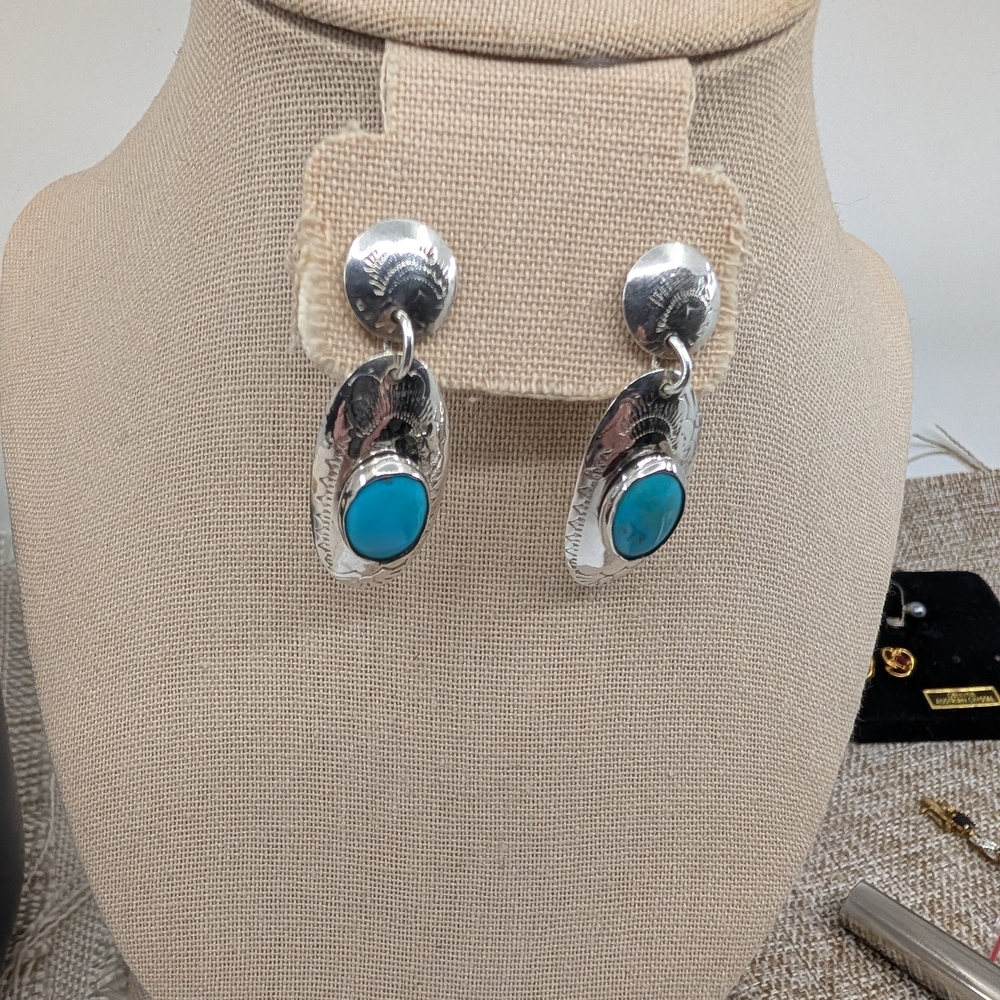 Vintage Handmade Sterling Silver Turquoise Stud Earrings | Florida Keys | 1.75” - Picture 5 of 16